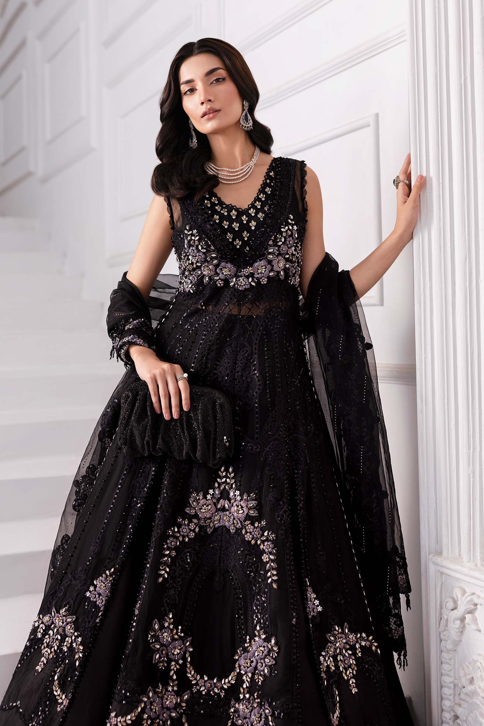 3 Piece Unstitched Embroidered Organza MC BLACK pakistani fashion…